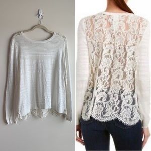 CABI Sophia Open Lace Back Lightweight Sweater Cream Size Medium Cotton Blend